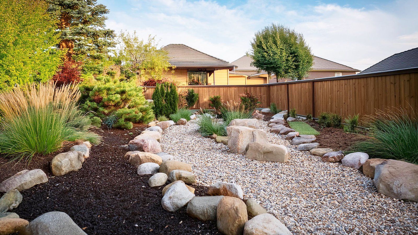 A modern landscape design featuring 3D smart-mapping, a drought-resistant native plant palette, and automated weather-sensing drip irrigation for climate resilience.
