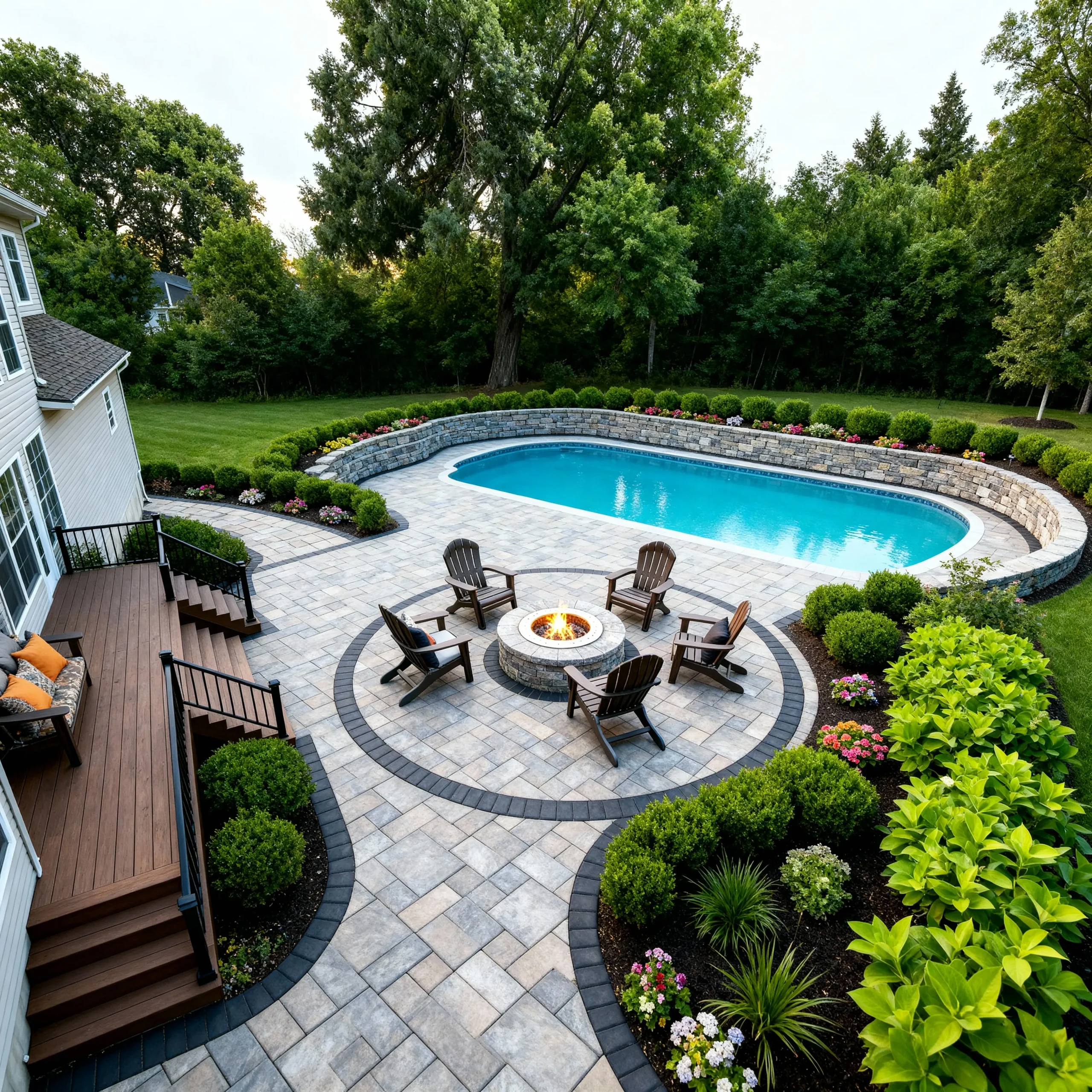 Backyard patio with a circular stone fire pit surrounded by Adirondack chairs, on a tiled surface, beside a curved pool and lush trees in the background.